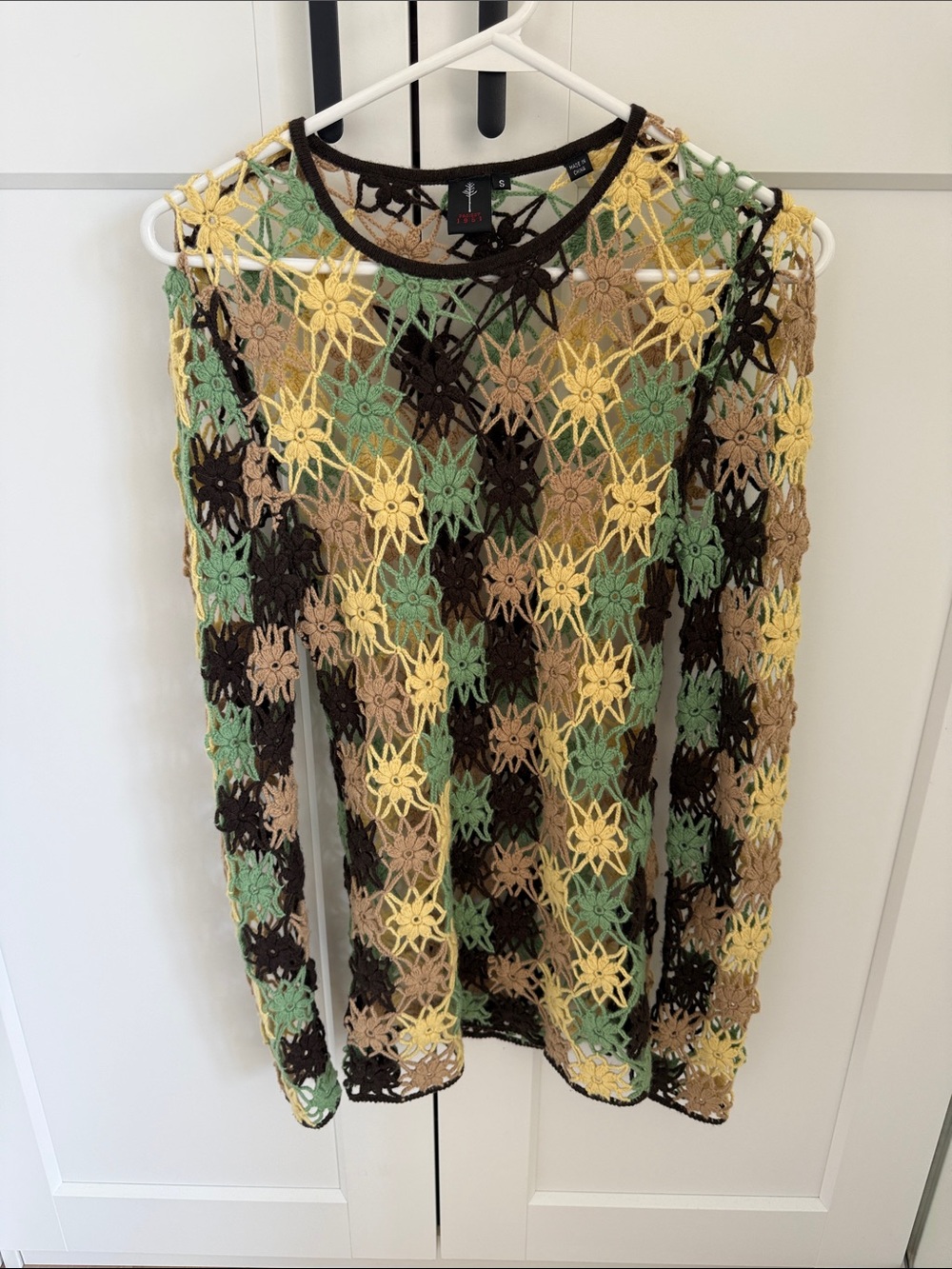 Crochet Floral Long-Sleeve Mesh Top - Yellow, Green, Brown - Unbranded